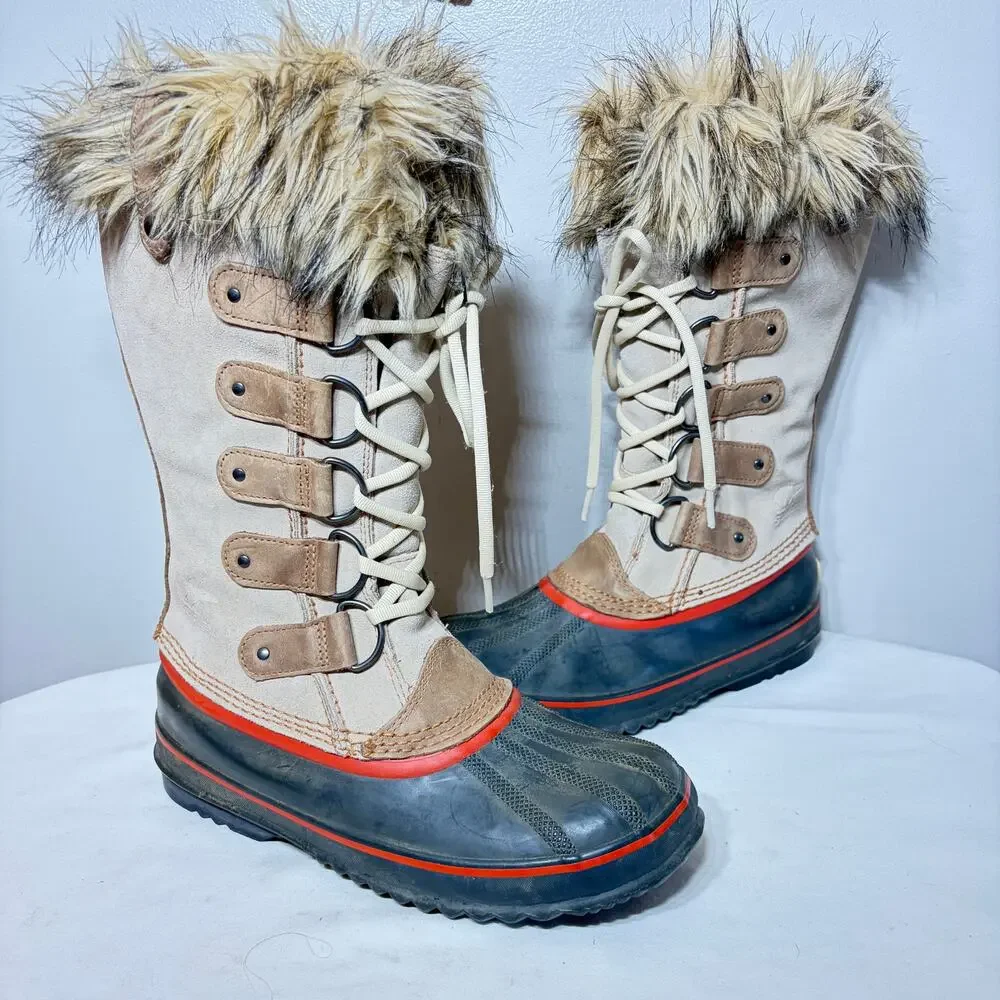 Sorel Boots Joan of Arctic Cream Suede Waterproof Lace Up Faux Fur Winter Snow 9